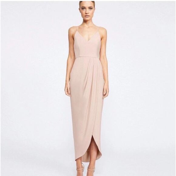 Shona Joy Dress Size 2 Midi Tulip Pink Core Long Ruched Cocktail Bridesmaid Ac2 - Picture 3 of 7